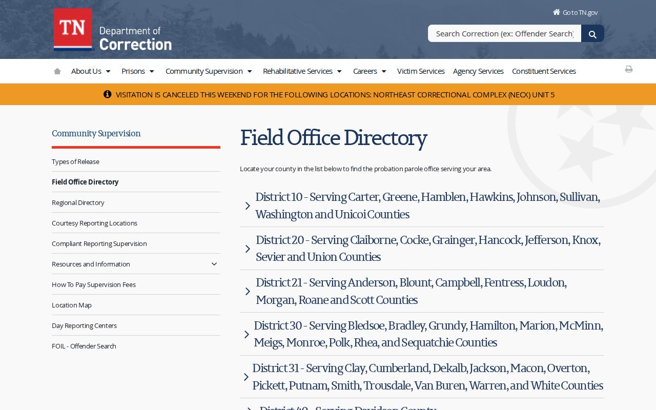 Tipton County sex offender check and TDOC field office directory